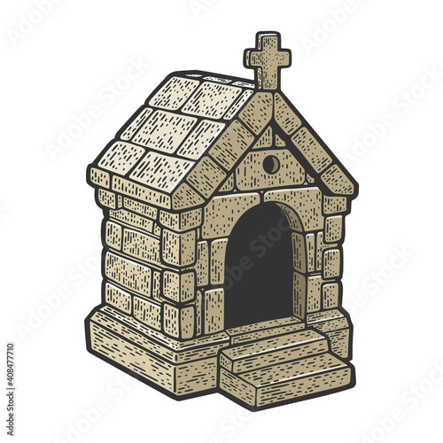 Stone Burial crypt tomb vault color sketch engraving vector illustration. T-shirt apparel print design. Scratch board imitation. Black and white hand drawn image.