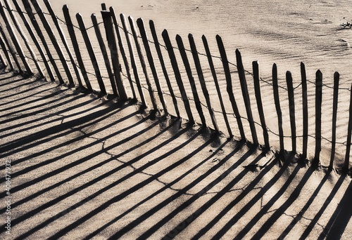 wooden beach fence with long shadows
