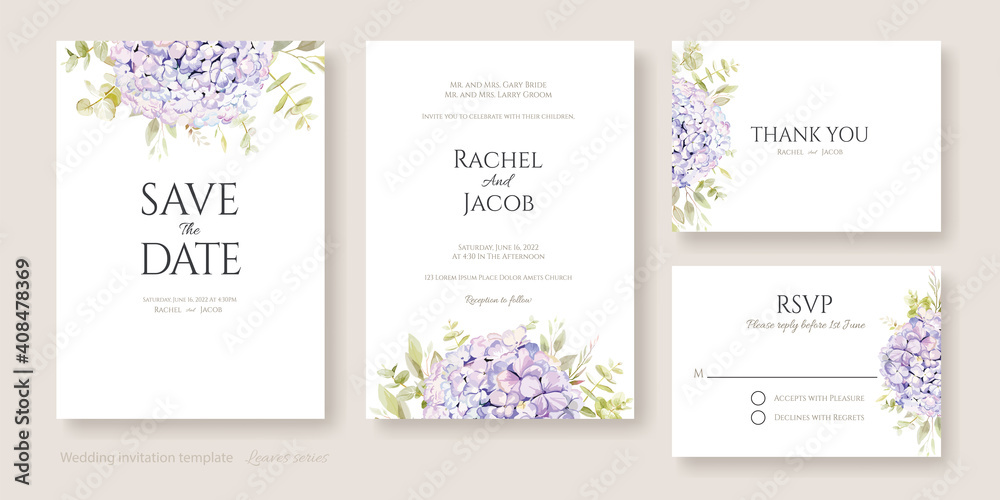Wedding Invitation, save the date, thank you, RSVP card Design template. Purple Hydrangea flowers with greenery.