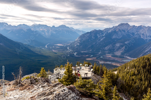 Sulphur Mountain. Banff National Park. Alberta. Canada. View from the top of the weather station on blue sky and rocky mountain background 