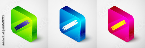 Isometric Long luminescence fluorescent energy saving lamp icon isolated on grey background. Square button. Vector.