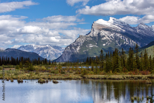 Fototapeta Naklejka Na Ścianę i Meble -  Beautiful Vermilion Lakes and Banff town, Banff National Park, Canadian Rockies, Rocky Mountains, Travel Alberta, Canada, North America