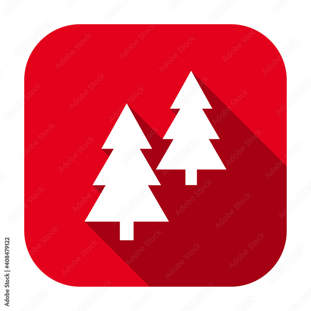 Red flat rounded square coniferous trees icon, button with long shadow isolated on a white background. Vector illustration. Red flat rounded square coniferous trees icon, button with long shadow isolated on a white background. Vector illustration.