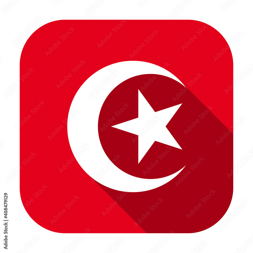 Red flat rounded square national emblem of Tunisia icon, button with long shadow isolated on a white background. Vector illustration. Red flat rounded square national emblem of Tunisia icon, button with long shadow isolated on a white background. Vector illustration.
