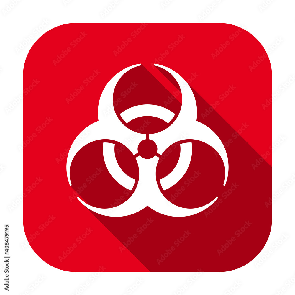 Red flat rounded square biological hazard icon, button with long shadow isolated on a white background. Vector illustration. Red flat rounded square biological hazard icon, button with long shadow isolated on a white background. Vector illustration.