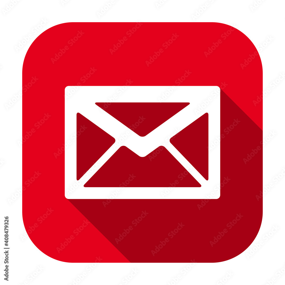 Red flat rounded square envelope icon, button with long shadow isolated on a white background. Vector illustration. Red flat rounded square envelope icon, button with long shadow isolated on a white background. Vector illustration.