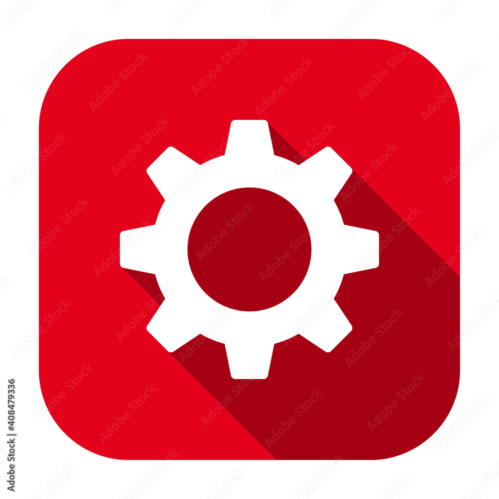 Red flat rounded square gear wheel, settings icon, button with long shadow isolated on a white background. Vector illustration. Red flat rounded square gear wheel, settings icon, button with long shadow isolated on a white background. Vector illustration.