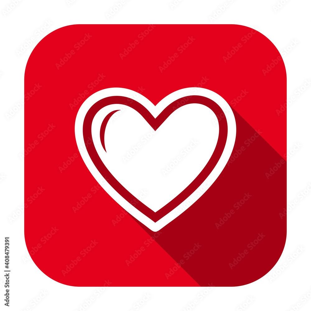 Red flat rounded square heart with outline icon, button with long shadow isolated on a white background. Vector illustration. Red flat rounded square heart with outline icon, button with long shadow isolated on a white background. Vector illustration.