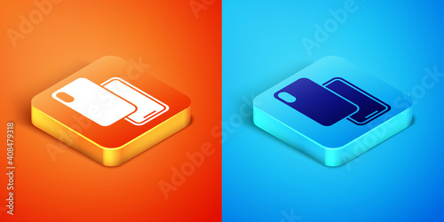Isometric Smartphone, mobile phone icon isolated on orange and blue background. Vector.