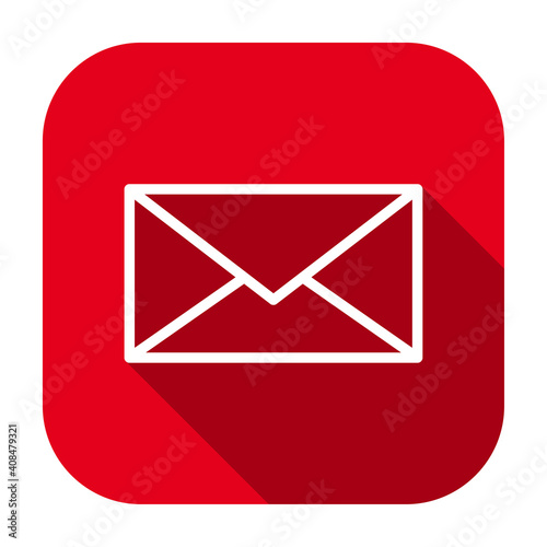 Red flat rounded square envelope outline icon, button with long shadow isolated on a white background. Vector illustration.