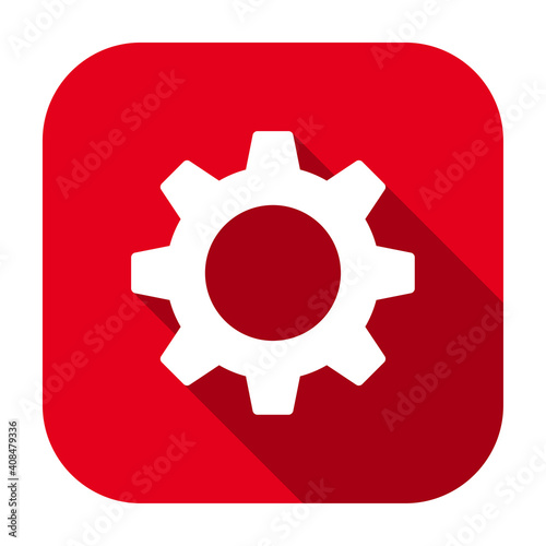 Red flat rounded square gear wheel, settings icon, button with long shadow isolated on a white background. Vector illustration.