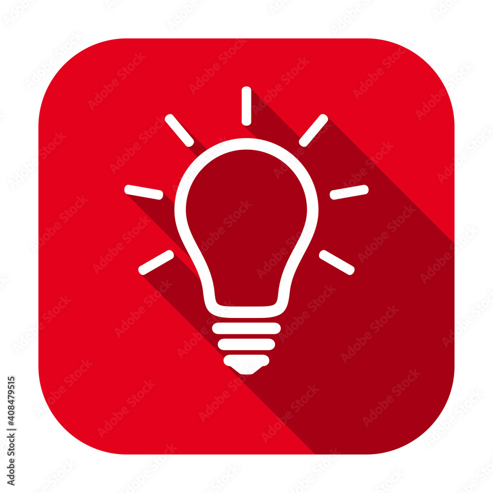 Red flat rounded square glowing light bulb line icon, button with long shadow isolated on a white background. Vector illustration. Red flat rounded square glowing light bulb line icon, button with long shadow isolated on a white background. Vector illustration.