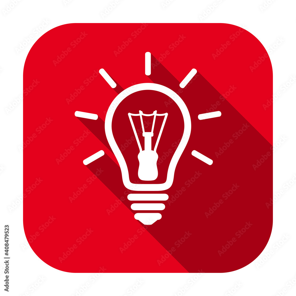 Red flat rounded square glowing light bulb line icon, button with long shadow isolated on a white background. Vector illustration. Red flat rounded square glowing light bulb line icon, button with long shadow isolated on a white background. Vector illustration.