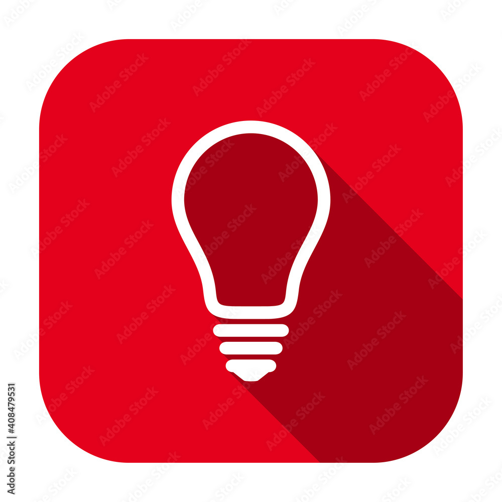 Red flat rounded square light bulb line icon, button with long shadow isolated on a white background. Vector illustration. Red flat rounded square light bulb line icon, button with long shadow isolated on a white background. Vector illustration.