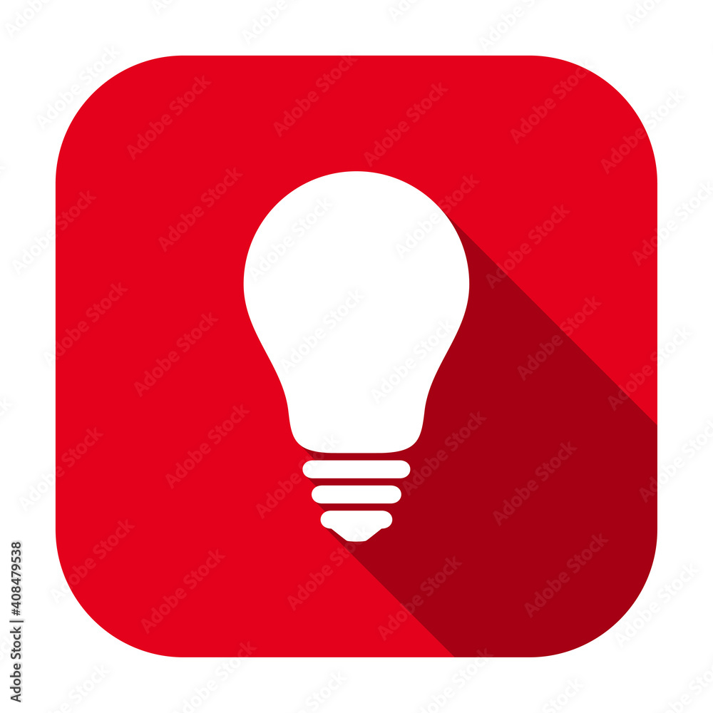 Red flat rounded square light bulb icon, button with long shadow isolated on a white background. Vector illustration. Red flat rounded square light bulb icon, button with long shadow isolated on a white background. Vector illustration.