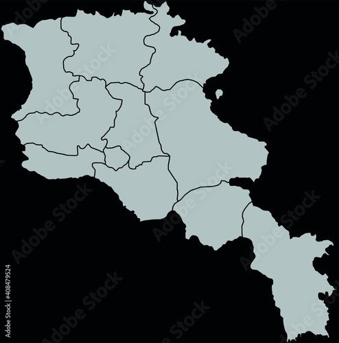 Contour vector map of Cuba with the designation of the administrative borders of the regions on a dark background.
