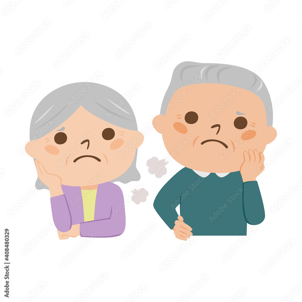 老夫婦のイラスト。何かに悩んで溜息をついてるシニアの女性と男性。 老夫婦のイラスト。何かに悩んで溜息をついてるシニアの女性と男性。