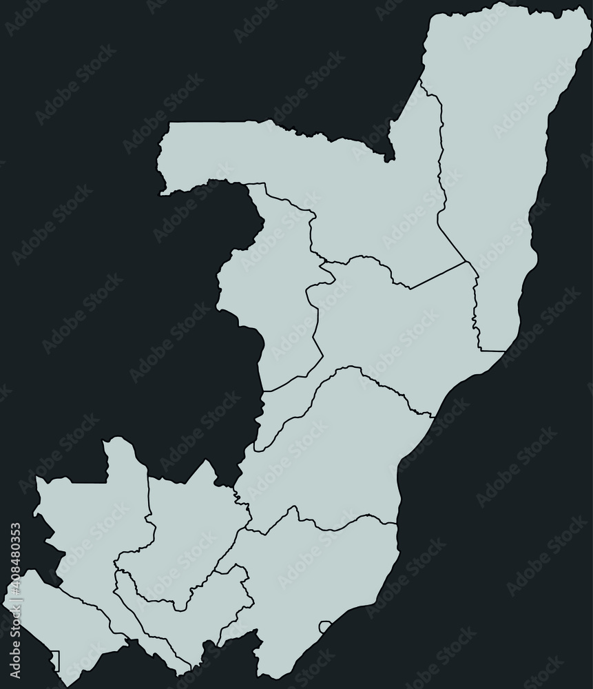 Obraz premium Contour vector map of Republic of the Congo with the designation of the administrative borders of the regions on a dark background.