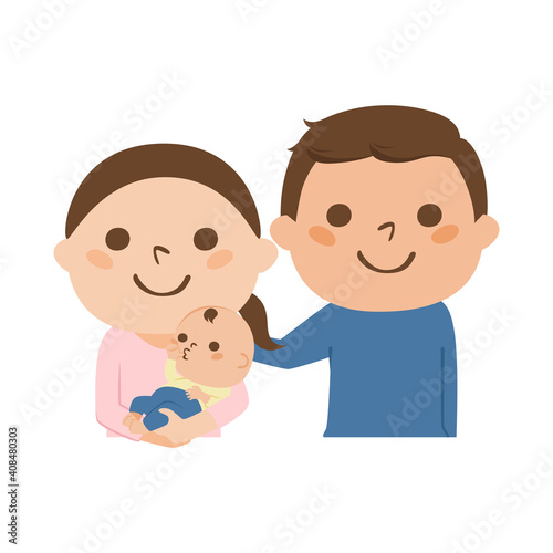 若い夫婦のイラスト。赤ちゃんと一緒の笑顔の女性と男性。