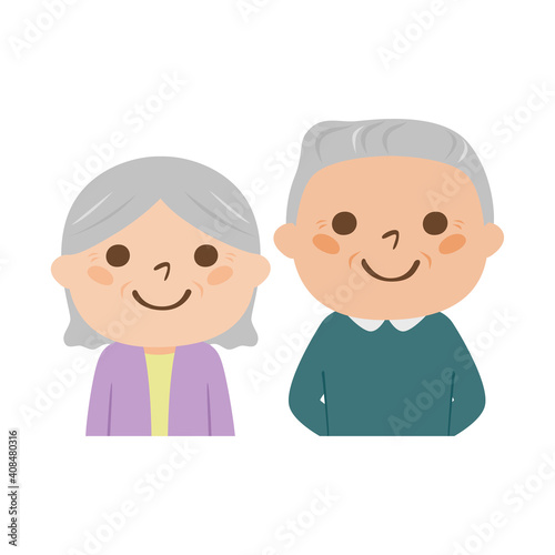 老夫婦のイラスト。仲が良い笑顔のシニアの女性と男性。