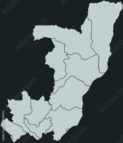 Contour vector map of Republic of the Congo with the designation of the administrative borders of the regions on a dark background.