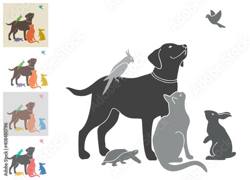Vector illustration with a group of pets for your design. Black and white and four color options. All animals are drawn separately - you can move, delete some of them.  photo