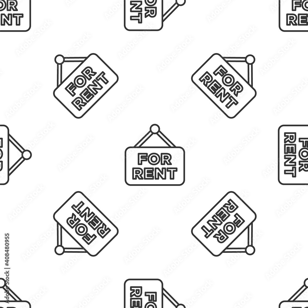 Grey line Hanging sign with text For Rent icon isolated seamless pattern on white background. Signboard with text For Rent. Vector. Grey line Hanging sign with text For Rent icon isolated seamless pattern on white background. Signboard with text For Rent. Vector.