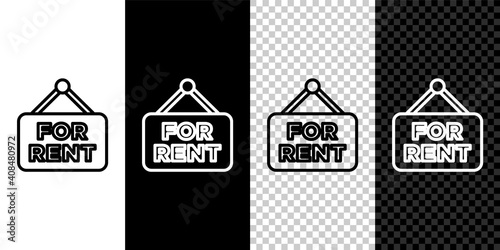 Set line Hanging sign with text For Rent icon isolated on black and white, transparent background. Signboard with text For Rent. Vector.