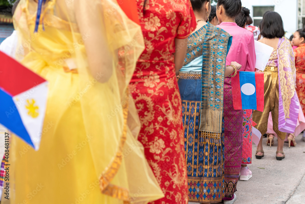 Naklejka premium ASEAN cultural dress , Celebrate ASEAN Day the Association of Southeast Asian Nations , Celebrating 53 years