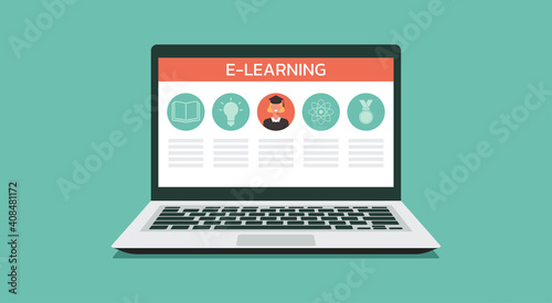 digital education concept on laptop computer, online course or distance learning, vector flat illustration
