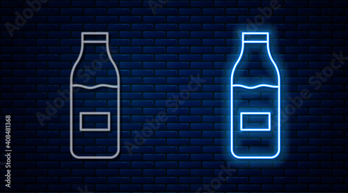 Glowing neon line Closed glass bottle with milk icon isolated on brick wall background. Vector.