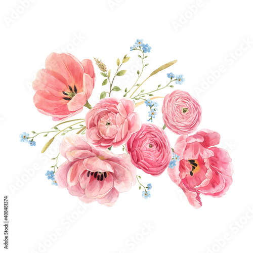 Fototapeta Naklejka Na Ścianę i Meble -  Beautiful floral composition with watercolor gentle red summer flowers. Stock bouquet illustration.