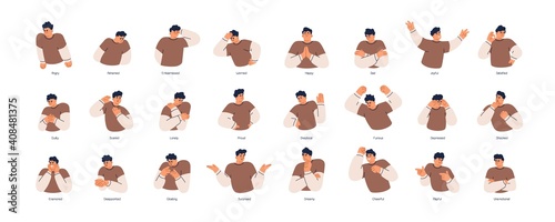 Set of different emotions of people. Man expressing his positive and negative feelings with gestures and facial expressions. Angry, worried, happy and surprised guy. Colored flat vector illustration photo