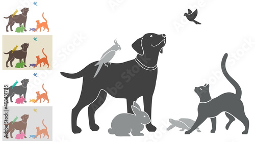 Vector illustration with a group of pets for your design. Black and white and four color options. All animals are drawn separately - you can move, delete some of them.  © kozerog2015