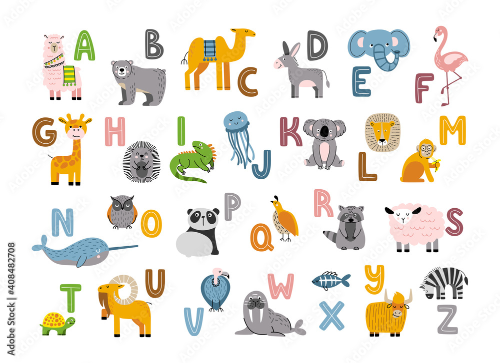 Alphabet with cute and funny animals. Cartoon zoo with letters for kids education. Cartoon vector illustration.