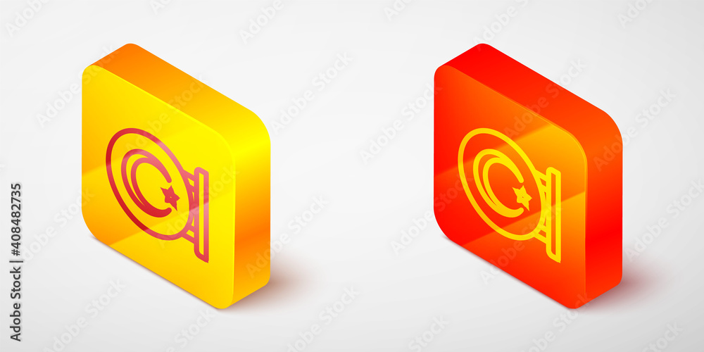 Isometric line Star and crescent - symbol of Islam icon isolated on grey background. Religion symbol. Yellow and orange square button. Vector. Isometric line Star and crescent - symbol of Islam icon isolated on grey background. Religion symbol. Yellow and orange square button. Vector.