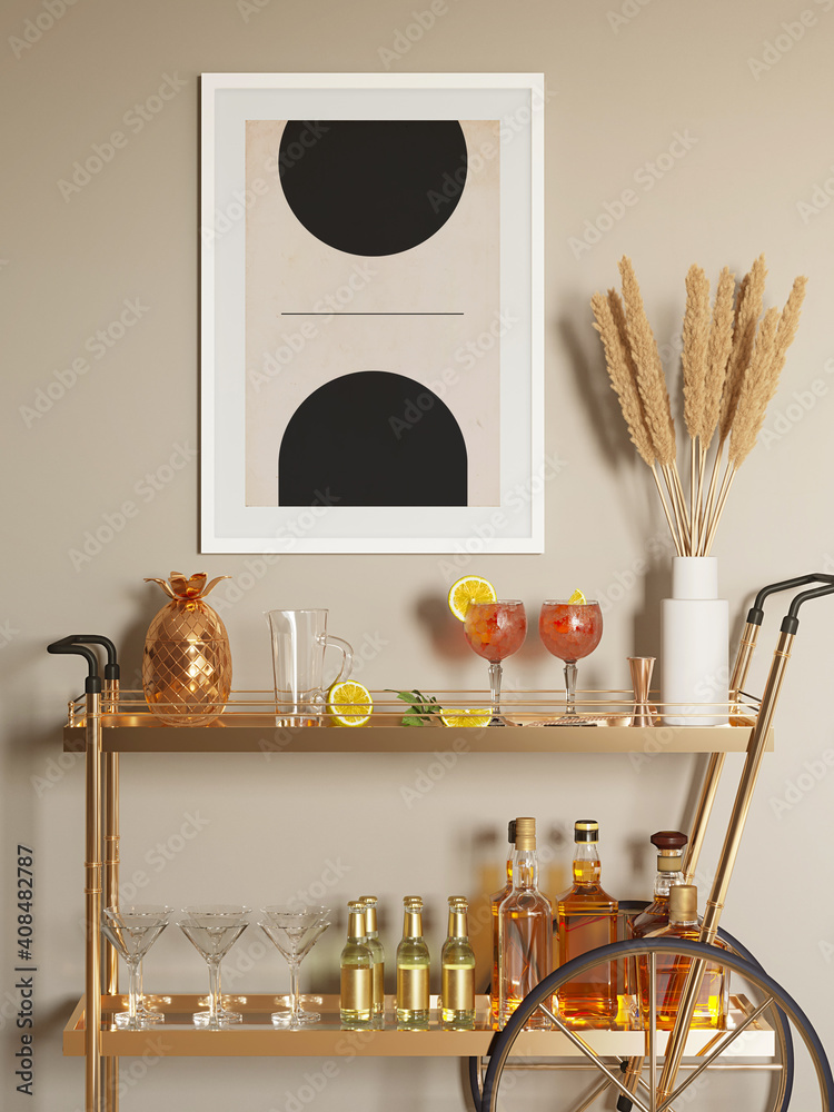 3d render of a modern brass masculine mini bar trolley cart with ...