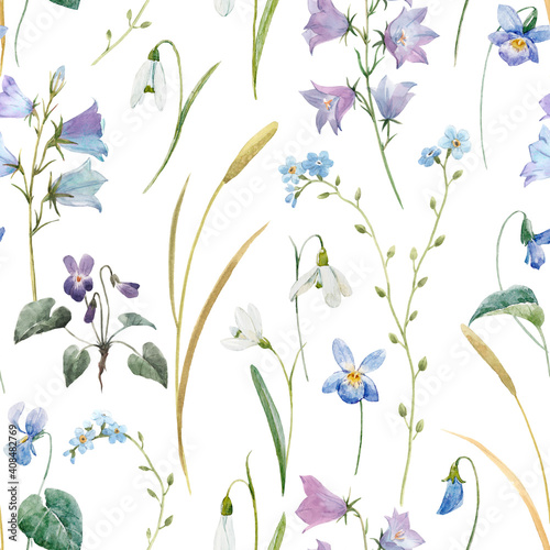 Beautiful seamless floral pattern with watercolor gentle spring blue field flowers. Stock illustration.