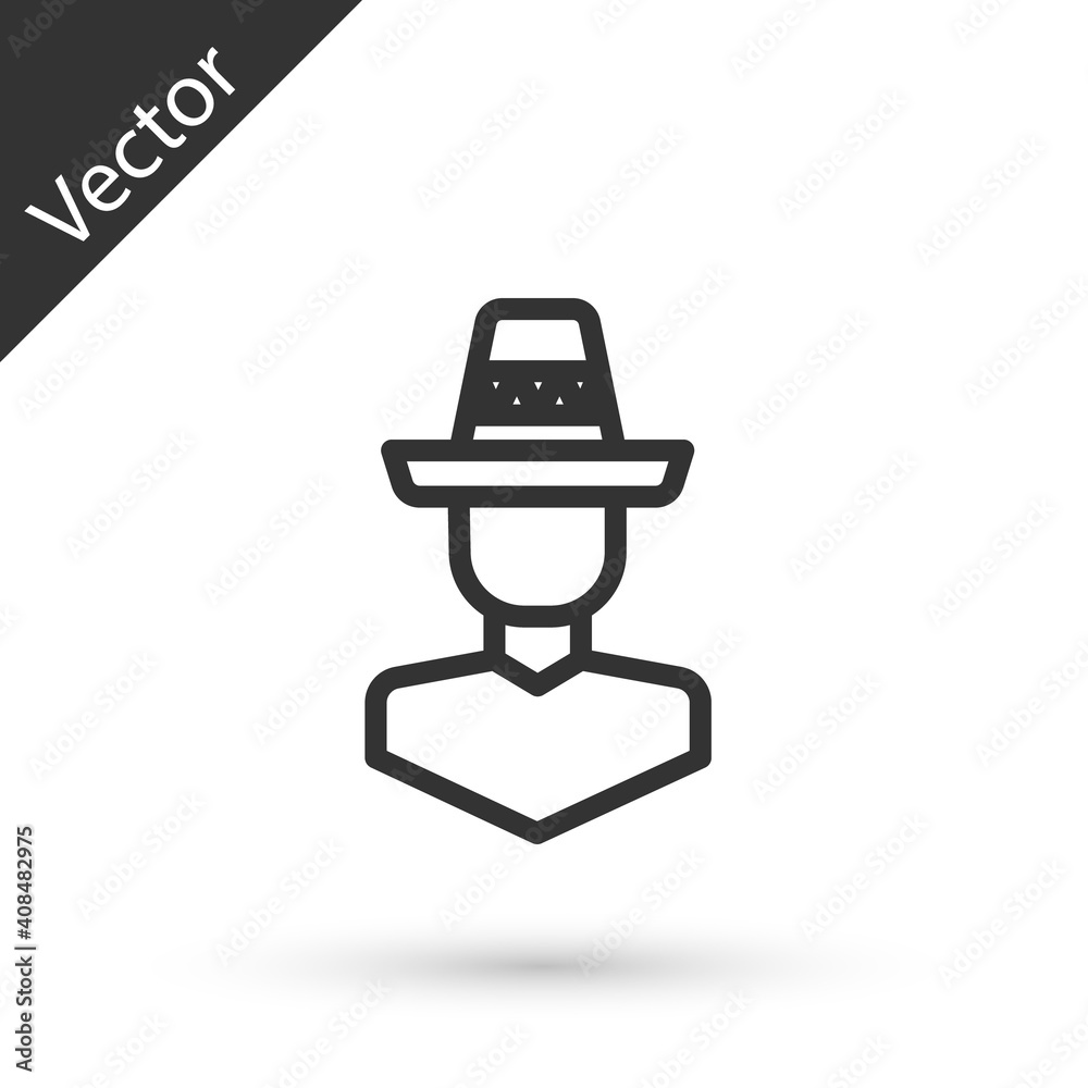Grey line Mexican man wearing sombrero icon isolated on white background. Hispanic man with a mustache. Vector. Grey line Mexican man wearing sombrero icon isolated on white background. Hispanic man with a mustache. Vector.