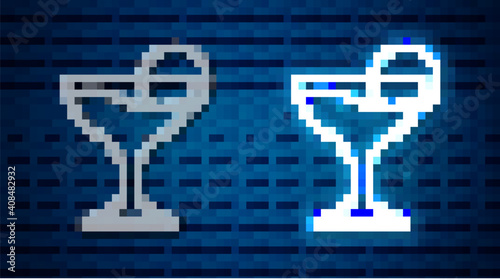 Glowing neon line Margarita cocktail glass with lime icon isolated on brick wall background. Vector.