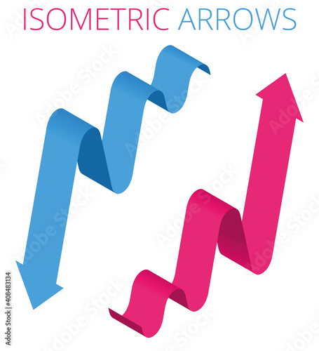 A red increasing and blue decreasing isometric arrows. A growth and recession of business. A growing and falling income flat vector concept. 3d isometric infographic template isolated on white.
