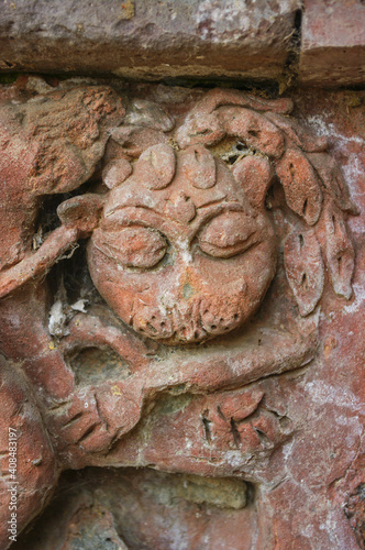 Carved terracotta plaque representing lion on UNESCO World Heritage site old Somapura Mahavihara better known as Paharpur buddhist monastery in Naogaon, Bangladesh