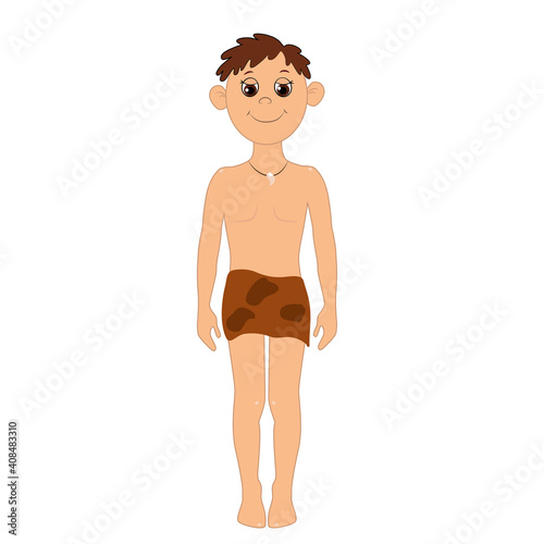 A primitive man, a boy, stands erect and is dressed in a brown animal skin. Vector illustration of ancient times isolated on white background.