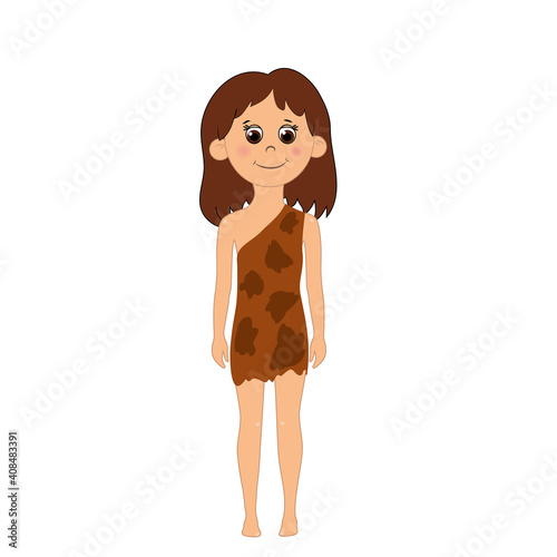 A primitive man, a girl, stands erect and is dressed in a brown animal skin. Vector illustration of ancient times isolated on white background.