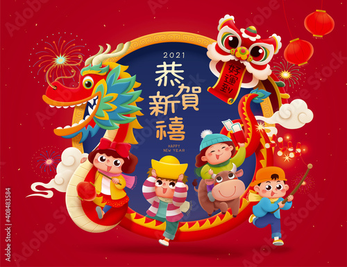 Kids playing lion and dragon dance