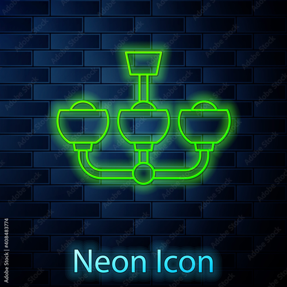 Glowing neon line Chandelier icon isolated on brick wall background. Vector. Glowing neon line Chandelier icon isolated on brick wall background. Vector.
