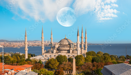 Sultanahmet Mosque with full moon - istanbul, Turkey "Elements of this image furnished by NASA "
