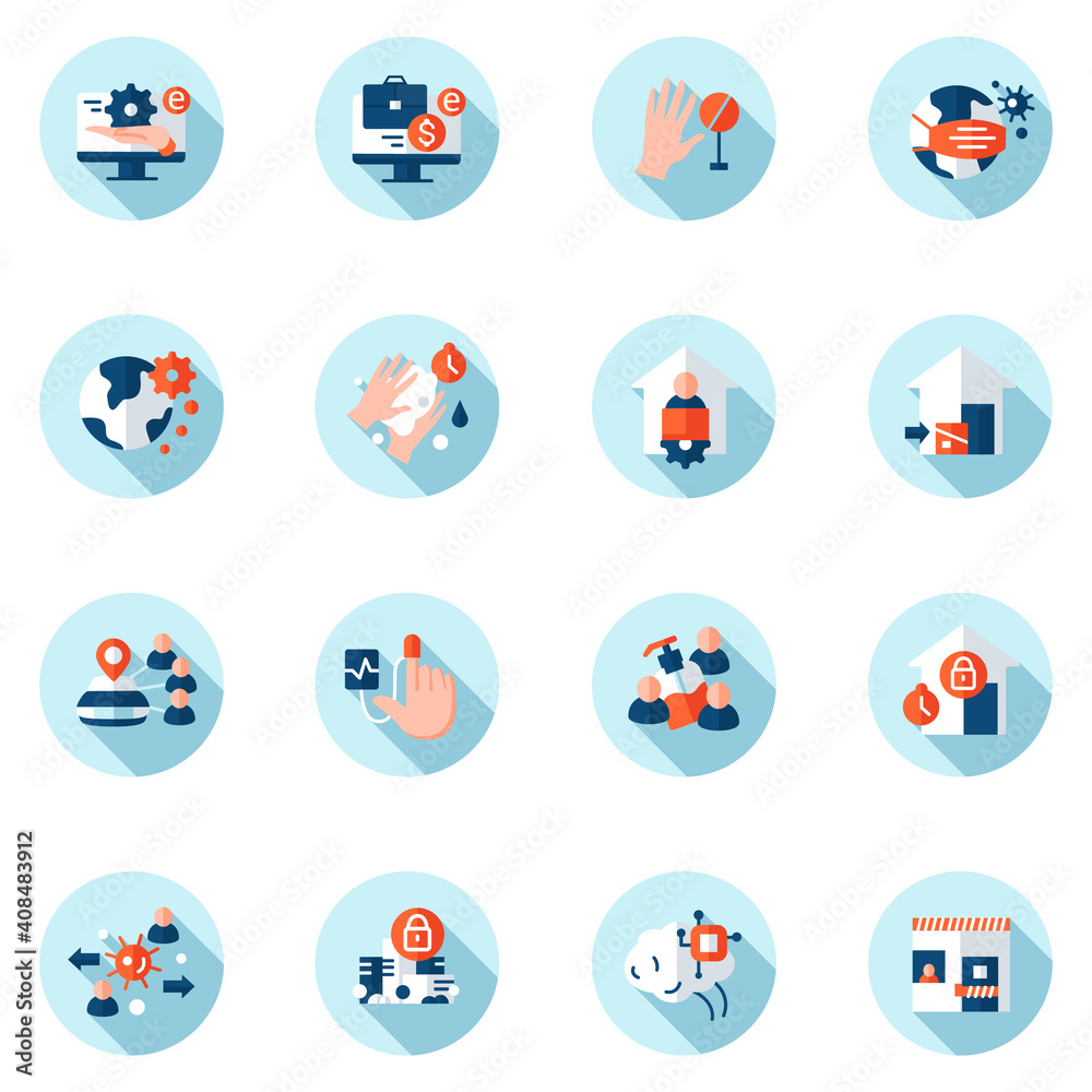 New normal concept flat icons set. Health care and prevention culture. Social isolation and global automation. New life after covid19 outbreak. Isolated color vector illustration with shadow New normal concept flat icons set. Health care and prevention culture. Social isolation and global automation. New life after covid19 outbreak. Isolated color vector illustration with shadow