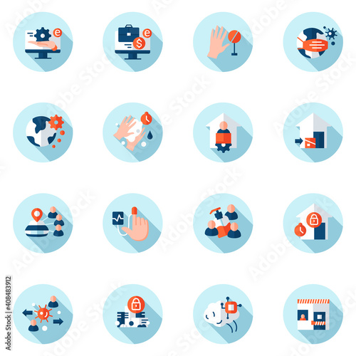 New normal concept flat icons set. Health care and prevention culture. Social isolation and global automation. New life after covid19 outbreak. Isolated color vector illustration with shadow