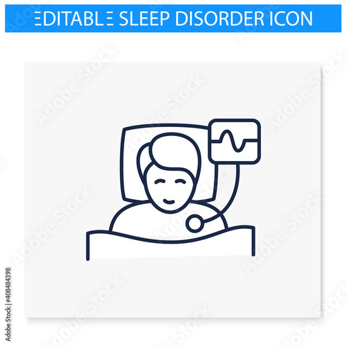 Polysomnography line icon. Sleep study. Heart, sleep examination. Sleep disorder. Healthy sleeping concept. Cardiac problems treatment. Examination during sleep. Isolated editable vector illustration